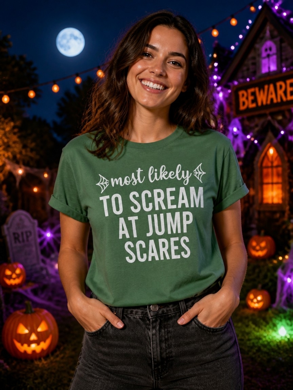Green Graphic Tee - 'Most Likely to Scream at Jump Scares'